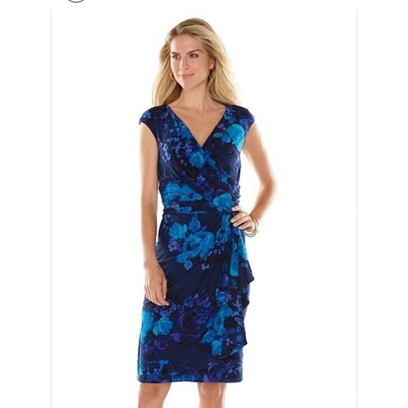 Chaps Size 8 NWT Floral Crossover Surplice Dress Blue Stretch Elegant - Picture 1 of 8